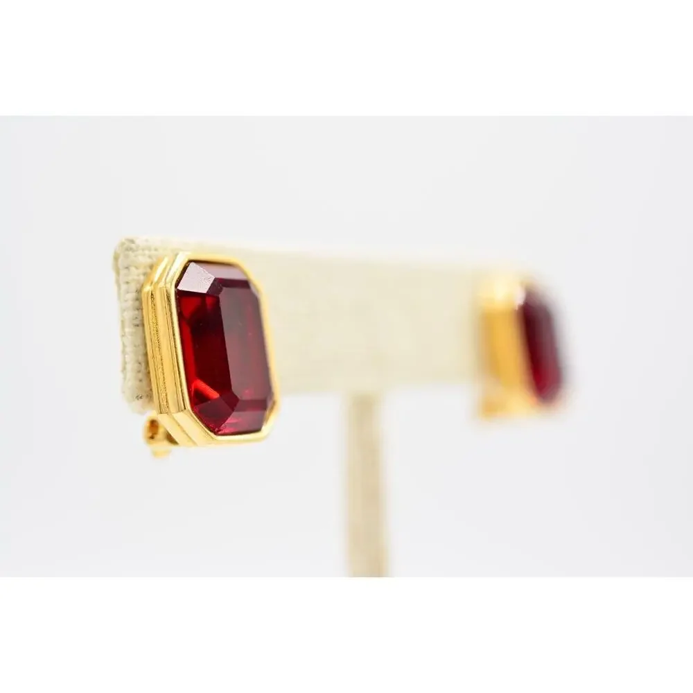 Givenchy Vintage Crystal Clip On Earrings Red Baguette Rhinestone Signed BinAG - Picture 4 of 12